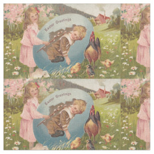 Tissu Carte postale vintage de Pâques Victorian Girl & B