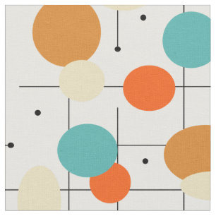 Tissu Cercles Turquoise Orange Lignes Mi-Siècle Moderne