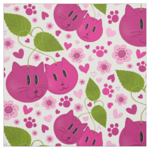 Tissu Cerises, Chats, Coeurs, Fleurs de cerisiers et pat