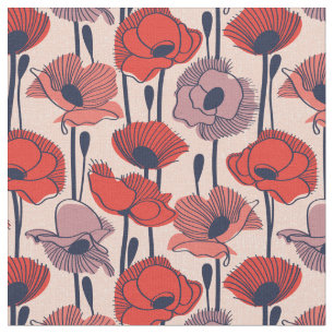 Tissu Champ de pavots // fleur sauvage de contour de lig