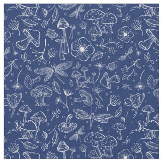 Tissu Champignons botaniques sauvages Imprimer en bleu m