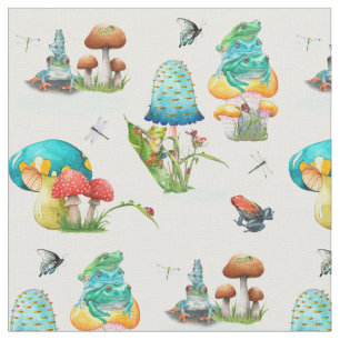 Tissu Champignons, Grenouilles, libellules, papillons