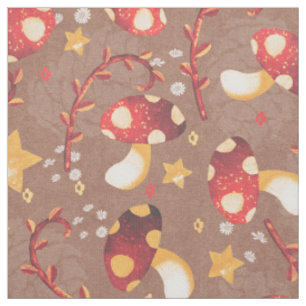 Tissu Champignons rouges Whimsical et étoiles jaunes sur
