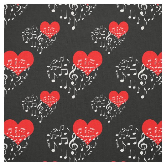 Tissu Chanter Motif de coeur. Coeurs rouges, notes blanc (Échantillon)