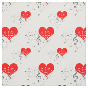 Tissu Chanter Motif de coeur. Coeurs rouges, notes grise
