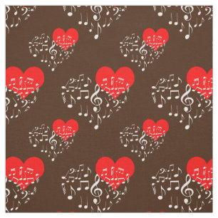 Tissu Chanter Motif de coeur. Notes blanches, fond Brown
