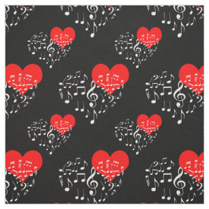 Tissu Chanter Motif de coeur. Notes blanches, fond noir