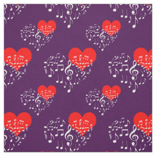 Tissu Chanter Motif de coeur. Notes blanches sur Violet