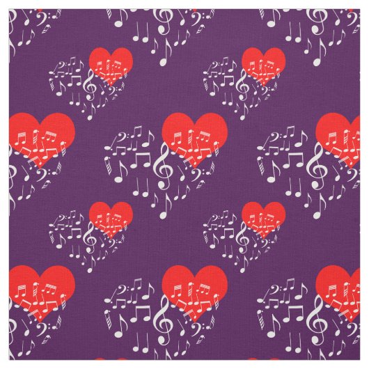 Tissu Chanter Motif de coeur. Notes blanches sur Violet (Échantillon)