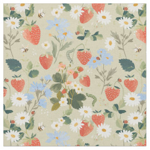 Tissu charme botanique - Jardin vert de fraises automnal