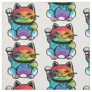 Tissu Chat japonais de bonne chance avec arc-en-ciel