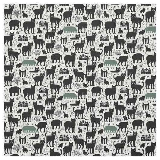 Tissu Chat noir botanique blanc motif moderne boho (Échantillon)