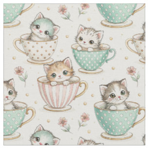 Tissu Chatons Mignons dans des Tasses à Thé - Motif de D