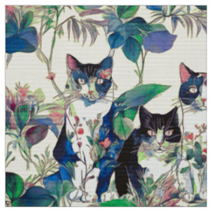 Tissu Chats à l'aquarelle dans un jardin