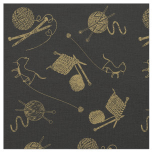 Tissu Chats à thème tricot avec aiguilles en fil