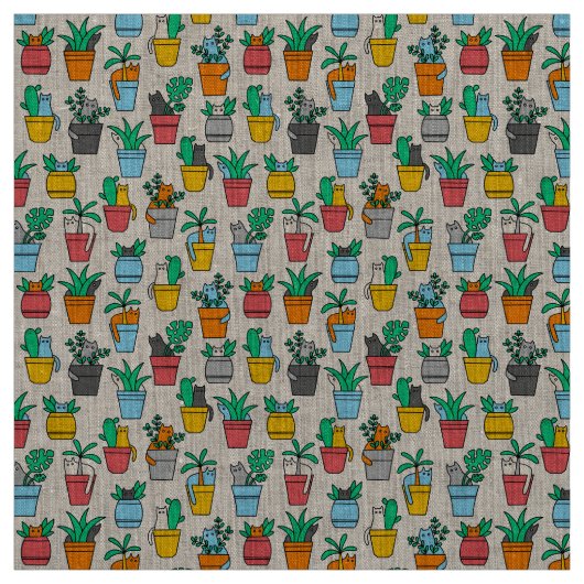 Tissu Chats dans les pots à fleurs (Échantillon)