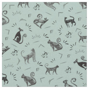 Tissu Chats de l'art rupestre sur gris pastel turquoise