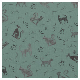 Tissu Chats de l'art rupestre sur turquoise gris foncé