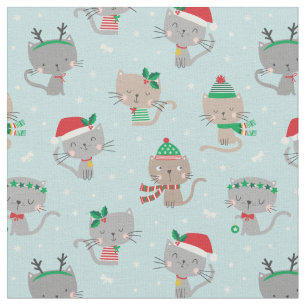 Tissu Chats de Noël mignons en bleu clair
