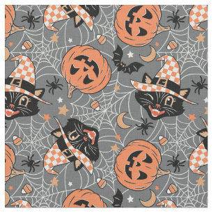 Tissu Chats d'Halloween vintages et Motifs Citrouille