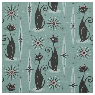 Tissu Chats du milieu du siècle et horloge sur la menthe