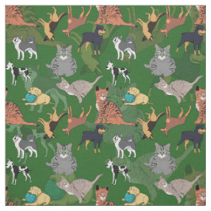 Tissu Chats et chiens motif design sur fond vert