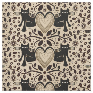 Tissu Chats et Coeurs Boho dans les tons terre