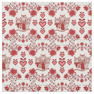 Tissu Chats folkloriques/fleurs/chats cardiaques calico,