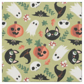 Tissu Chats mignons et Citrouille Olive Black Halloween  (Fermer)