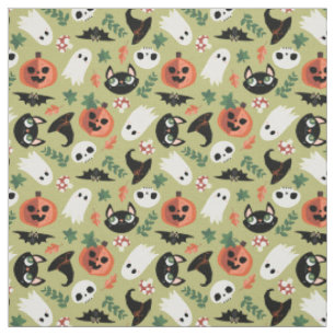 Tissu Chats mignons et Citrouille Olive Black Halloween