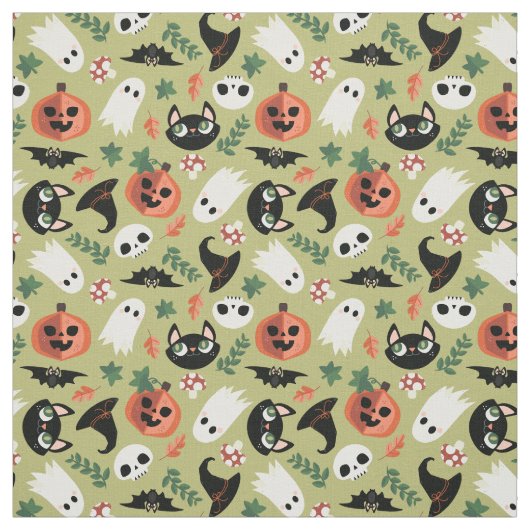 Tissu Chats mignons et Citrouille Olive Black Halloween  (Échantillon)
