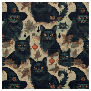Tissu Chats noirs gothiques en motif casquette sorcier