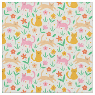Tissu Chats rétro heureux avec des fleurs orange rouge e