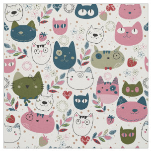 Tissu Chats visage vert chaud muet turquoise rose motif