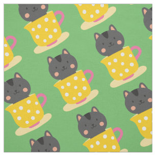 Tissu Chatte mignonne en dessin animé sur la menthe