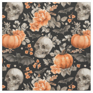 Tissu Chauve-Chauve-Halloween Et Fleurs Noir