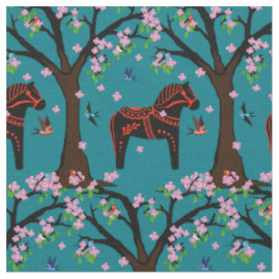 Tissu Cheval Dala noir/rouge folk/oiseaux folk/fleurs 2,