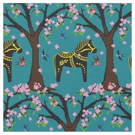 Tissu Cheval folklorique noir/jaune de Dala/oiseaux (Fermer)