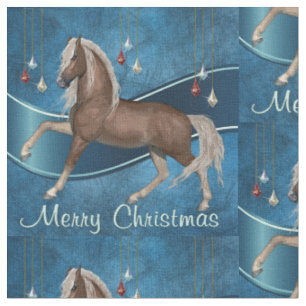 Tissu Cheval sur le bleu avec le Joyeux Noël d'ornement