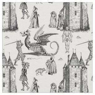 Tissu chevalier squelette dragon gothique médiéval toile
