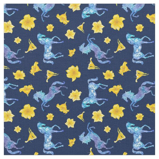 Tissu Chevaux bleus de minuit et piments jaunes (Fermer)