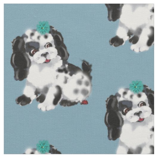 Tissu Chien blanc noir Ladybug Blue Vintage Nursery (Fermer)