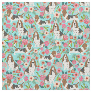 Tissu Chien de Basset Hound vintage florals menthe