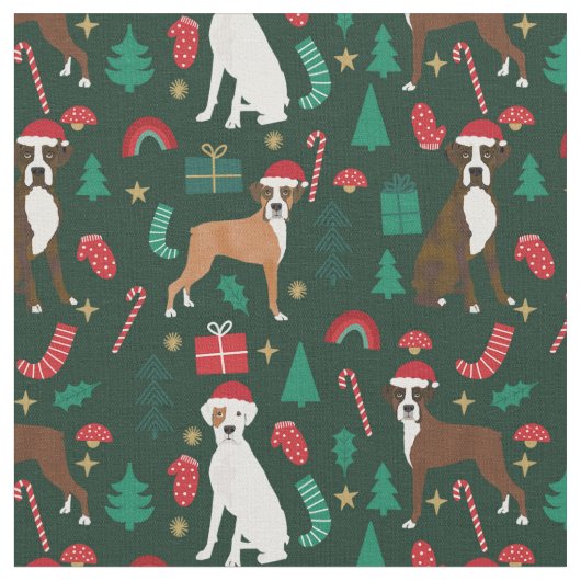 Tissu Chien de boxe joli Noël vert foncé (Fermer)