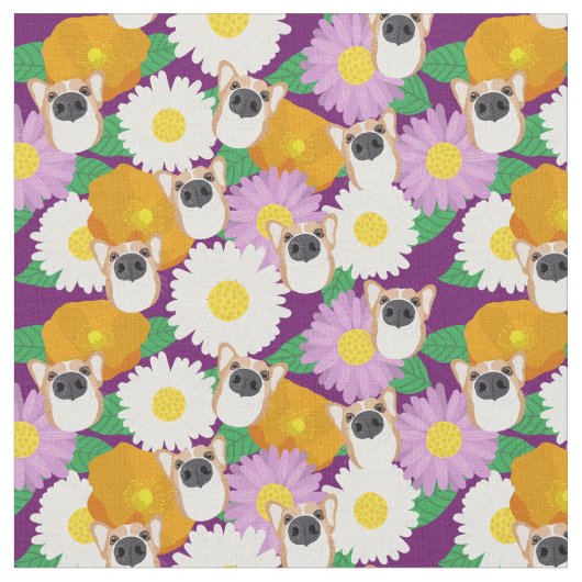 Tissu Chien de Corgi aux fleurs pourpre à motif (Fermer)