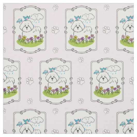 Tissu Chien de levure Bichon de printemps avec fleurs - (Échantillon)