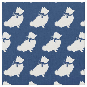 Tissu Chien Poméranie Silhouette Animal Marine Bleu