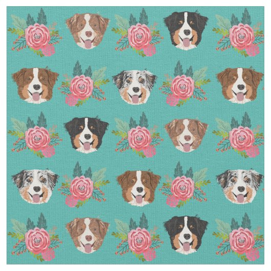 Tissu Chiens australiens et fleurs roses (Fermer)