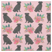 Tissu Chiens de Carlin noir à fleurs roses (Échantillon)
