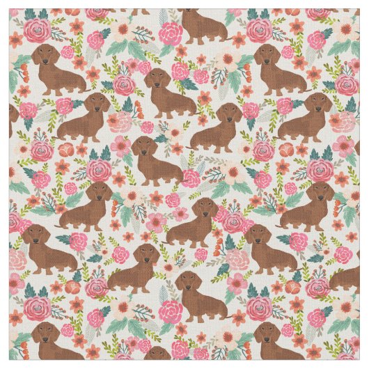 Tissu Chiens de Dachshund Crème vintage à fleurs (Fermer)